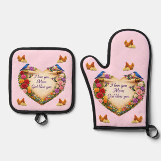 Mom's Heart & Chicken Oven Mitt & Pot Holder Set  鍋つかみ&鍋敷きセット