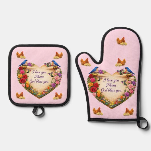 Mom's Heart & Chicken Oven Mitt & Pot Holder Set  鍋つかみ&鍋敷きセット (正面)