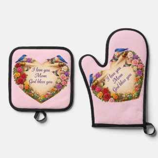 Mom's Pink Floral Heart Oven Mitt /Pot Holders Set 鍋つかみ&鍋敷きセット