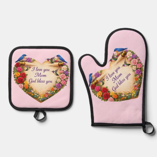 Mom's Pink Floral Heart Oven Mitt /Pot Holders Set 鍋つかみ&鍋敷きセット (正面)