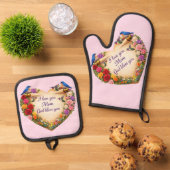 Mom's Pink Floral Heart Oven Mitt /Pot Holders Set 鍋つかみ&鍋敷きセット (トップダウン)