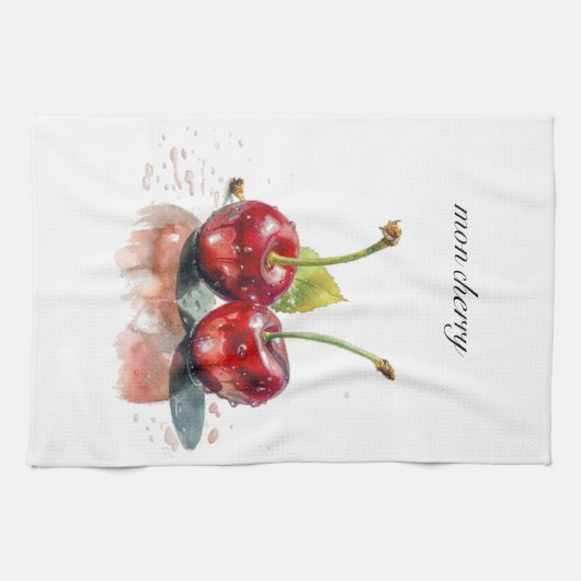 monさくらんぼ、2つのさくらんぼ水の色のカスタマイズ キッチンタオル (横)