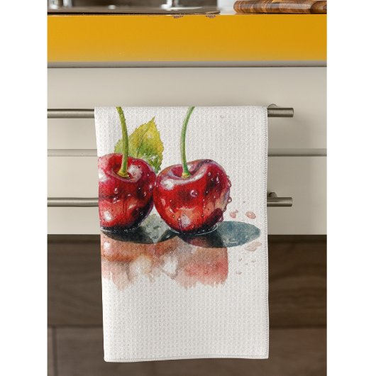 monさくらんぼ、2つのさくらんぼ水の色のカスタマイズ キッチンタオル