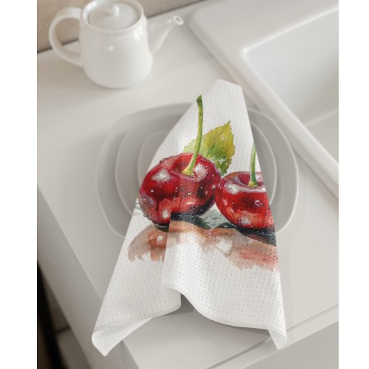 monさくらんぼ、2つのさくらんぼ水の色のカスタマイズ キッチンタオル