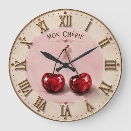Mon Chérie Cherry Romantic French Quote ラージ壁時計 (正面)