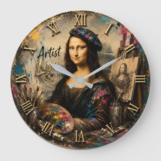 Mona Lisa Artist Funny Painter Studio ラージ壁時計 (正面)