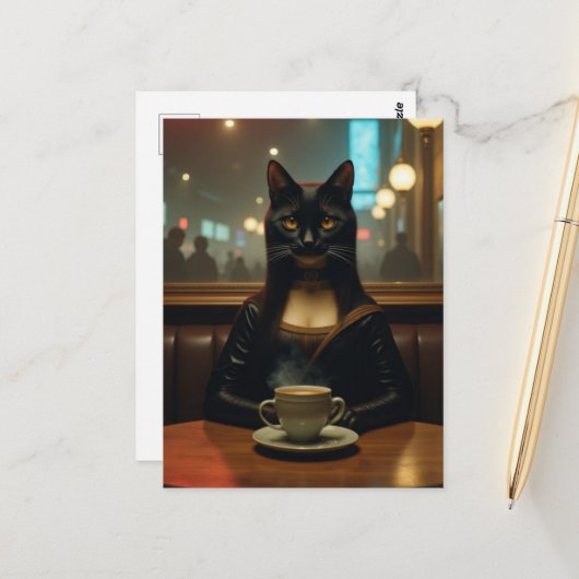 Mona Lisa Cat in a Coffee shop ポストカード (正面/裏面インサイチュ)
