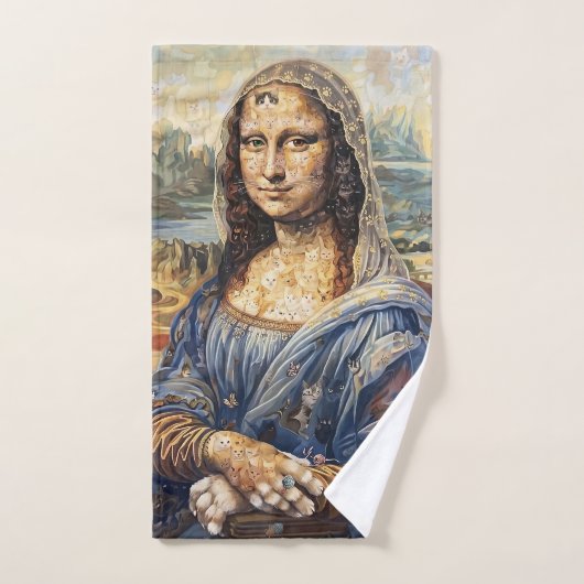 Mona Lisa collage art made with cat faces ハンドタオル (ハンドタオル)