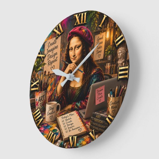 Mona Lisa Graphic Designer Funny Creative Studio ラージ壁時計 (傾斜)