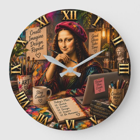 Mona Lisa Graphic Designer Funny Creative Studio ラージ壁時計 (正面)