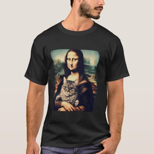 mona lisa holding cat kitty for cats lover cat dad tシャツ (正面)