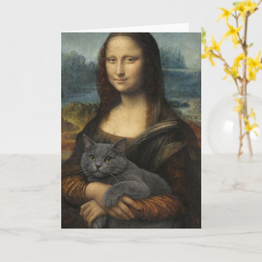 Mona Lisa Holding Elegant Gray Cat                 カード (黄色い花)