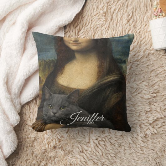 Mona Lisa Holding Elegant Gray Cat                 クッション (ブランケット)
