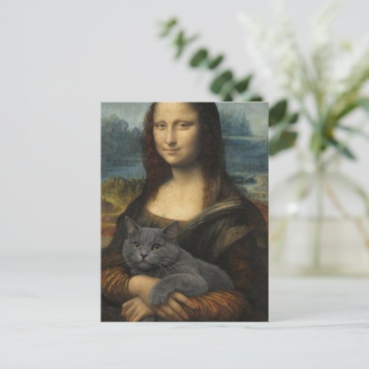 Mona Lisa Holding Elegant Gray Cat ポストカード (スタンド正面)