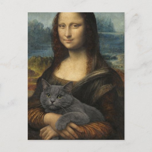 Mona Lisa Holding Elegant Gray Cat ポストカード (正面)