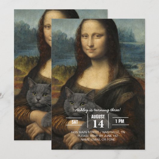 Mona Lisa Holding Elegant Gray Cat                 招待状 (正面/裏面)