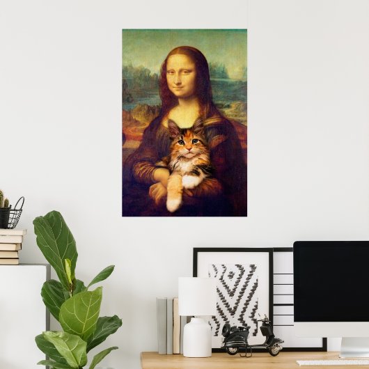 Mona Lisa holding her cat pet Leonardo da Vinci ポスター (ホームオフィス)