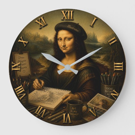 Mona Lisa Illustrator Funny Artist Studio ラージ壁時計 (正面)