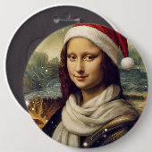 Mona Lisa in a Santa Hat 缶バッジ (正面&裏面)