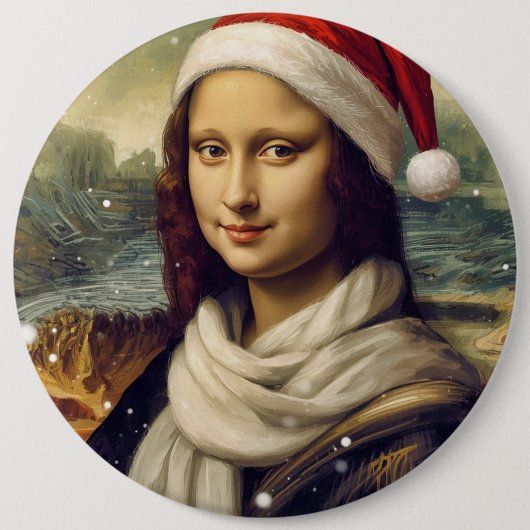 Mona Lisa in a Santa Hat 缶バッジ (正面)