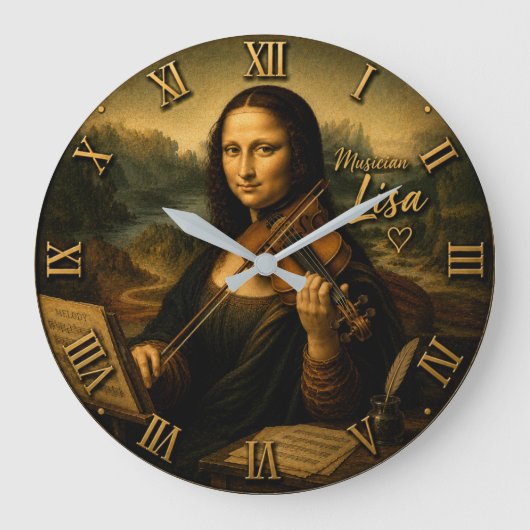 Mona Lisa Musician Funny Violin Player ラージ壁時計 (正面)