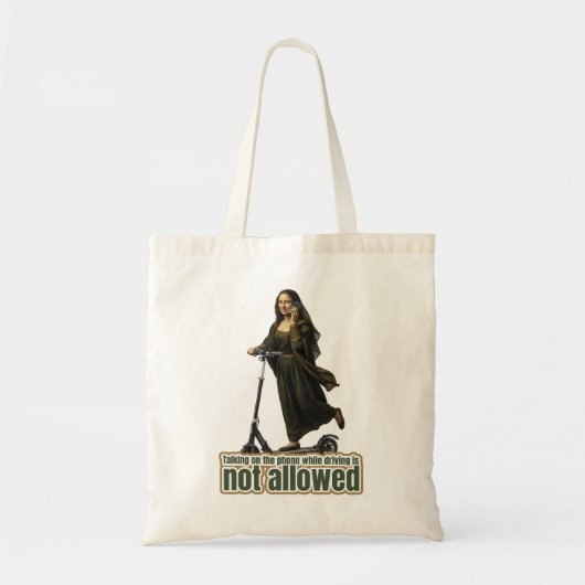 Mona Lisa on the phone  riding a kick scooter トートバッグ (正面)