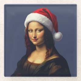 Mona Lisa Santa Hat Christmas Holiday Cut Out ガラスコースター