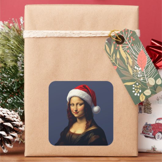 Mona Lisa Santa Hat Christmas Holiday Cut Out スクエアシール (クリスマス)