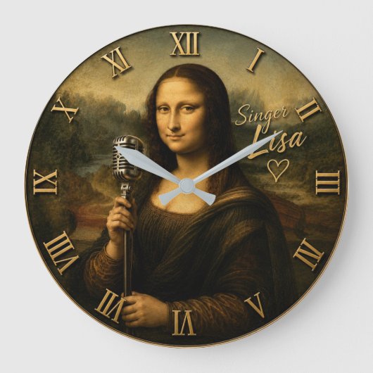 Mona Lisa Singer Funny Vintage Microphone ラージ壁時計 (正面)