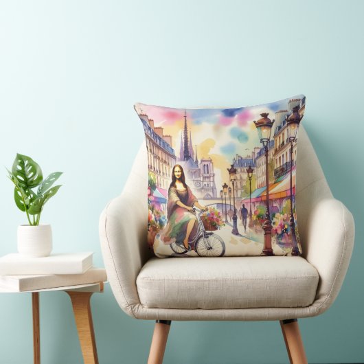 Mona with bicycle in Paris Throw Pillow クッション (椅子)