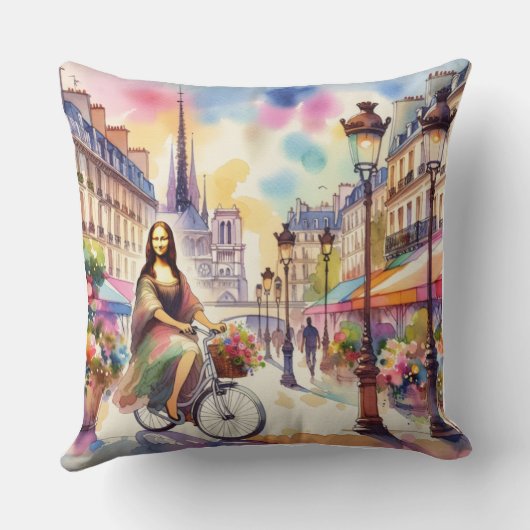 Mona with bicycle in Paris Throw Pillow クッション (裏面)
