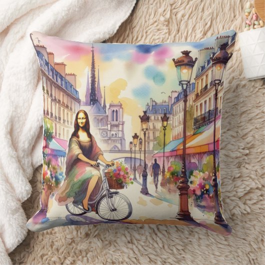 Mona with bicycle in Paris Throw Pillow クッション (ブランケット)