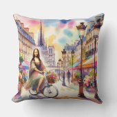 Mona with bicycle in Paris Throw Pillow クッション (正面)