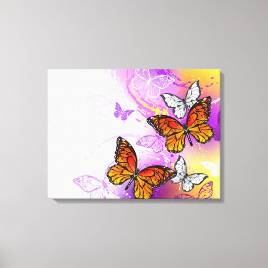 Monarch Butterflies on Purple Background キャンバスプリント (正面)