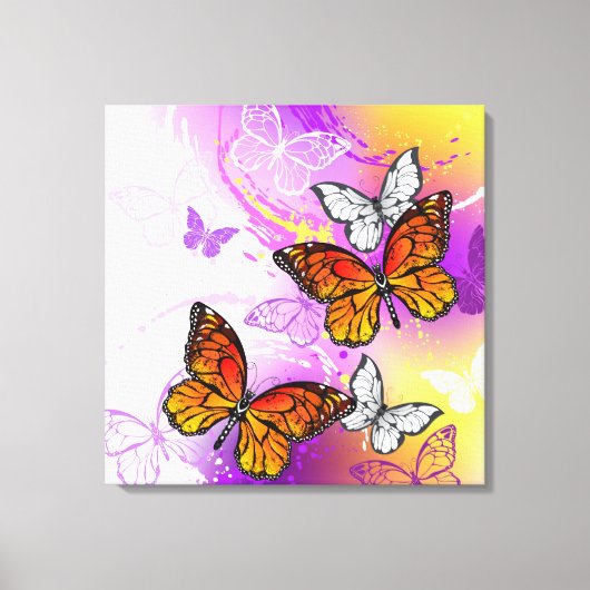 Monarch Butterflies on Purple Background キャンバスプリント (正面)