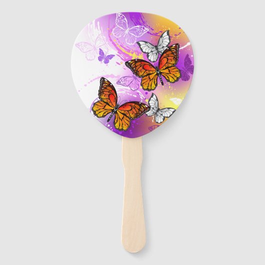 Monarch Butterflies on Purple Background ハンドファン (正面)