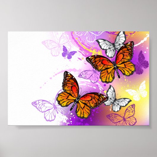 Monarch Butterflies on Purple Background ポスター (正面)