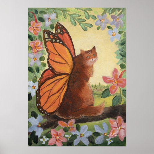 Monarch Butterfly Cat in Meadow Wall Art ポスター (正面)