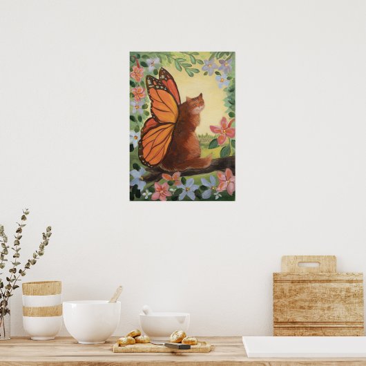 Monarch Butterfly Cat in Meadow Wall Art ポスター (キッチン)