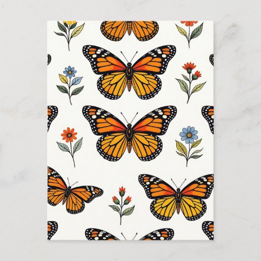 Monarch Butterfly Floral Pattern ポストカード (正面)