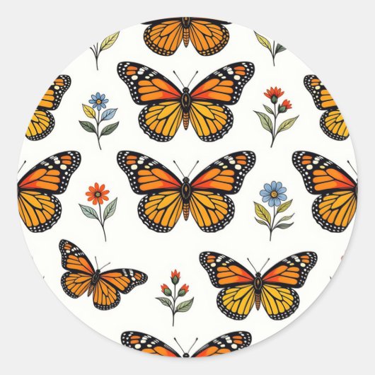 Monarch Butterfly Floral Pattern ラウンドシール (正面)