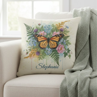 Monarch Butterfly Floral Watercolor Garden クッション