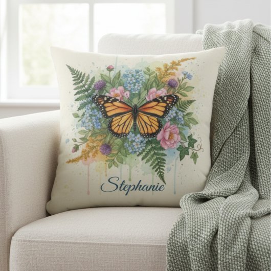 Monarch Butterfly Floral Watercolor Garden クッション