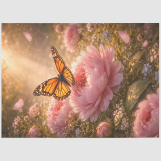 Monarch Butterfly on Pink Peonies Decoupage Paper 薄葉紙 (正面)