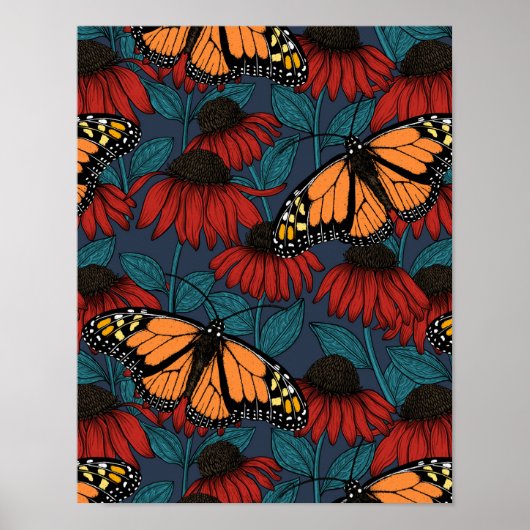 Monarch butterfly on red coneflowers ポスター (正面)