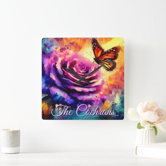 Monarch Butterfly on Rose at Sunset Personalized スクエア壁時計 (ホーム)
