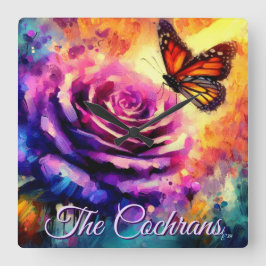 Monarch Butterfly on Rose at Sunset Personalized スクエア壁時計