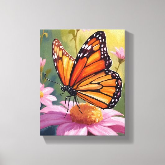 Monarch Butterfly Pink Flower Floral Painting キャンバスプリント (正面)