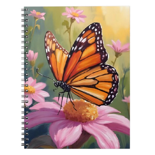 Monarch Butterfly Pink Flower Floral Painting ノートブック (正面)