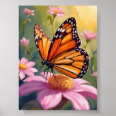 Monarch Butterfly Pink Flower Floral Painting ポスター (正面)